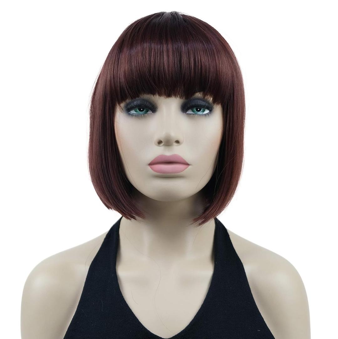 Lydell 8" Straight Short Bob Hair Flat Bangs Cute Central Dot Skin Top Heat Resistant Synthetic Wigs (33A Dark Auburn)