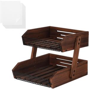 IBWell 2 Tier Fruit Basket for Kitchen Counter Farmhouse Wooden Fruit Holder for Countertop Kitchen Counter Organizer with 50pcs Deli Paper Tired Display Stand for Snack Bread