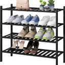 4-Tier Black Bamboo Shoe Rack for Entryway, Stackable | Foldable | Natural, Shoe Organizer for Hallway Closet, Free Standing Shoe Racks for Indoor Outdoor