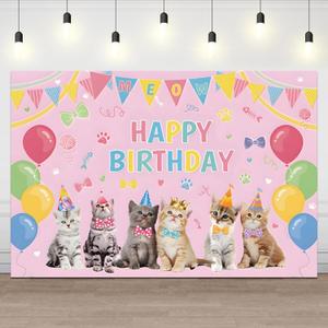 5x3ft Pet Birthday Backdrop Cat Happy Birthday Photography Background Pink Flags Colorful Balloon Cute Kitten Bowknot Pets Birthdays Party Photo Booth Props