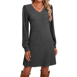 Ficerd Women's Knit Long Sleeve Sweater Dress Casual V Neck Tunic Dresses Fall Trendy Outfits (Medium, Dark Gray)
