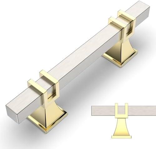 Amerdeco 7 Pack Brushed Satin Nickel and Gold Cabinet Pulls 3 Inch(76mm) Hole Center Drawer Pulls Cabinet Hardware Kitchen Cabinet Handles for Bathroom Dresser Pulls ZH0067