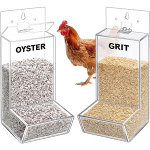 Hushee 2 Packs Acrylic Oyster Shell and Grit Feeder for Chickens, Clear Automatic Chickens Feeder with Lid Chicken Coop Accessories Multiple Installation Methods for Hens Chicks Cages Wall Pillar