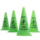 Vibrant Green 'Kids at Play' Safety Cone - 4ct, 15in Tall Durable & Fun Child Safety Solution for Driveways, Streets, Schools, and Parks
