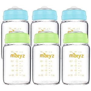 Matyz Glass Breastmilk Storage Bottles, 6 Pack, 6 oz, Sturdy Glass Bottle for Milk Freezing and Baby Feeding - Pumping Bottle for Philips Medela Spectra Breast Pumps - No BPA (3 Green & 3 Blue Lids)