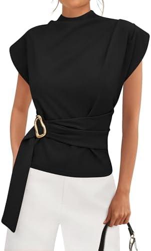PRETTYGARDEN Women Blouses Spring Dressy Cap Sleeve Mock Neck Work Shirts Buckle Tunic Summer Business Casual Tops 2026 M