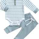 Newborn Baby Boy Girl Clothes Ribbed Knitted Long Sleeve Romper Pants Solid Cotton Infant Fall Winter Outfits 2Pcs (12-18 Months, Striped Blue)