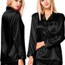 SWOMOG Long Sleeve Pajamas Set Silk Satin Sleepwear Button Down Pjs Loungewear with Pocket (Black, M)