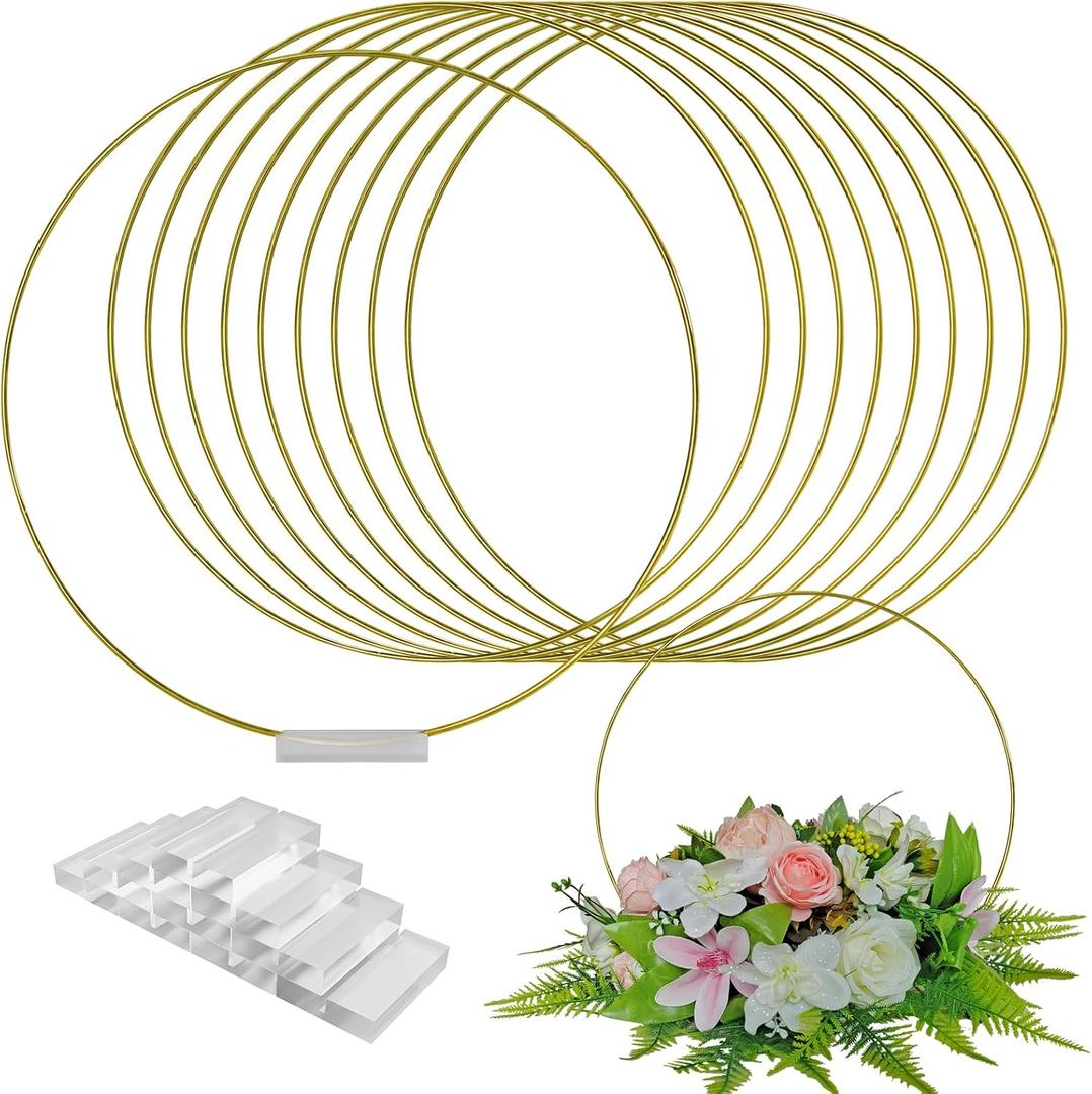 TEKXYZ 14 Inch Gold Metal Floral Hoops with Transparent Acrylic Bases for Table Centerpiece Decoration - Pack of 10