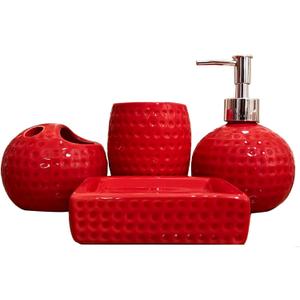 Bathroom Accessories Set,4 Pcs Red Ceramic Bathroom Accessory Set Complete with Toothbrush Holder, Tumbler, Lotion Dispenser, Soap Dish Perfect for Bathroom Theme Gift