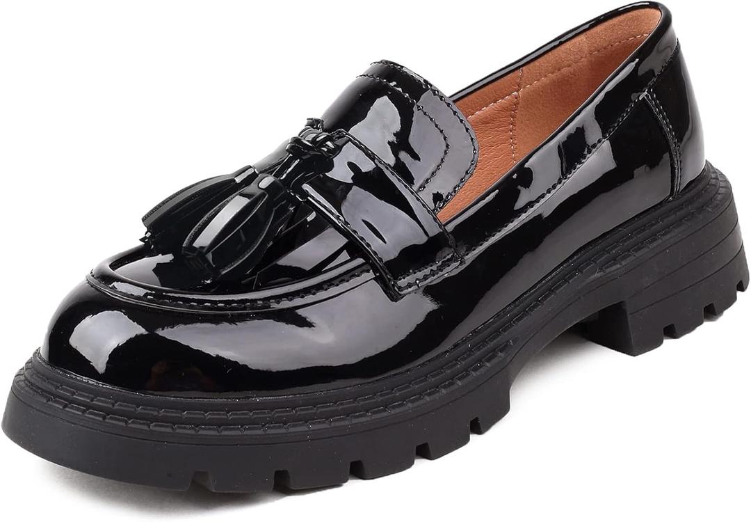 British Style Women's Fashion Loafers, Patent Leather Tassel Loafers, Black Thick-Soled Loafers, Slip-on Thick-Soled Loafers, Simple Casual Flat Shoes, Plus Size Shoes. (7)