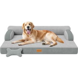 XL Orthopedic Dog Bed, Extra Large Dog Bed, Dual-Sided Pet Cooling Beds with Memory Foam Washable Cover Nonslip Bottom, Waterproof XLarge Pet Couch Beds with Bolsters, Light Grey