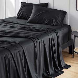 Bedsure King Size Sheet Set, Cooling Sheets, Rayon Derived from Bamboo, Deep Pocket Up to 16", PureWoven, Breathable & Soft, Hotel Luxury Silky Bedding for Hot Sleepers, Black