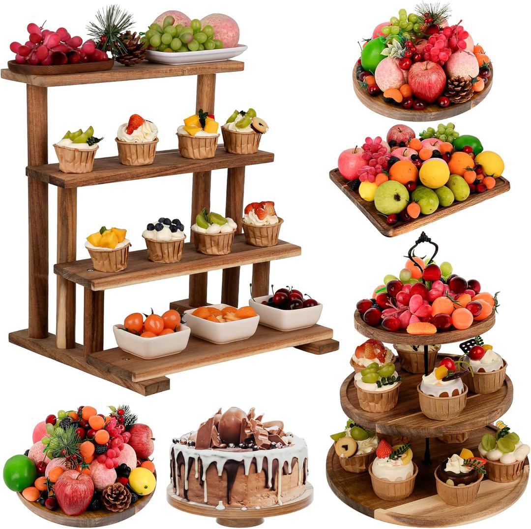 6 Pcs Acacia Cake Stand Set, Wood Dessert Table Display Set,1 Pcs 3 Tire Cupcake Display Stands Cookies Dessert Display Plate and 5Pcs Dessert Trays for Party Wedding Baby Shower Tea Party