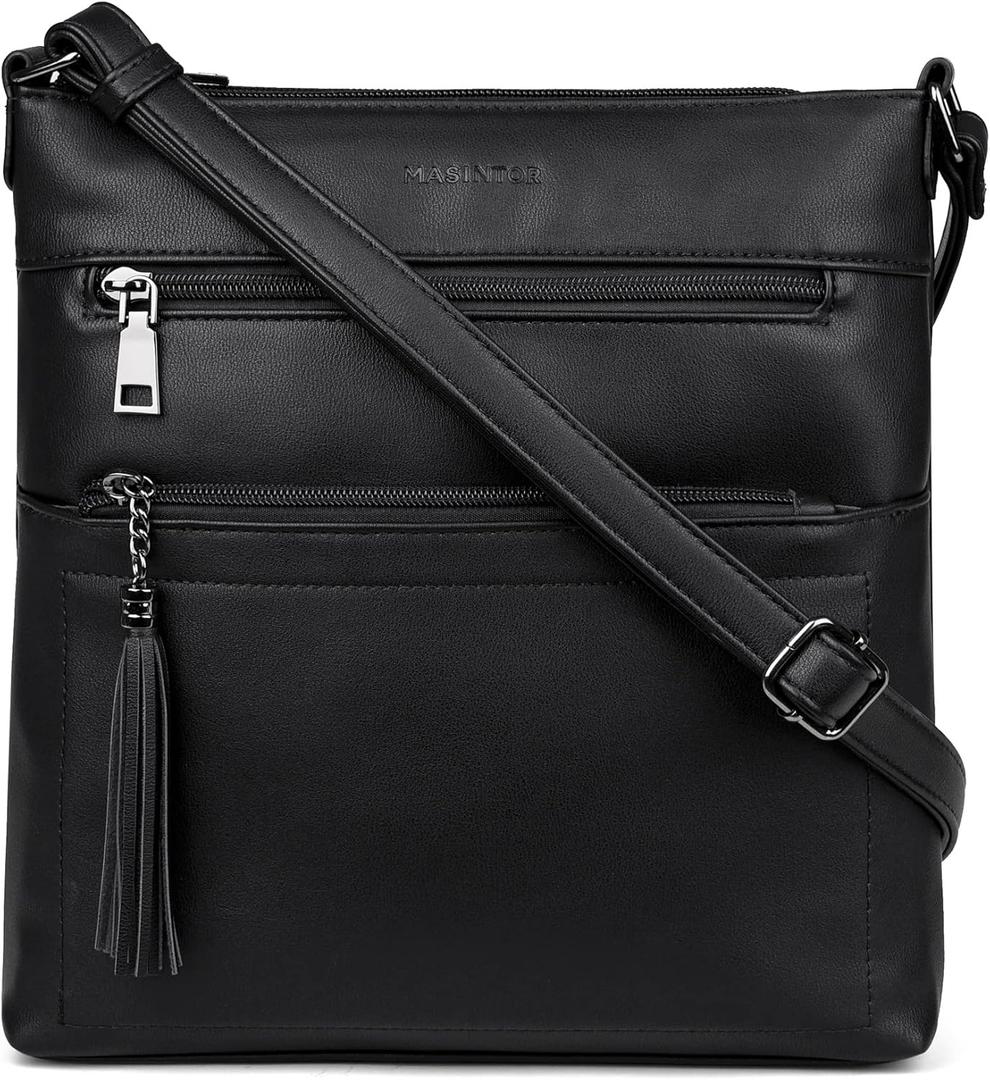 MASINTOR Crossbody Purses for Women, Multi Pocket Casual Crossbody Bag, Adjustable Strap Shoulder Bag with Tassel (Pure Black)
