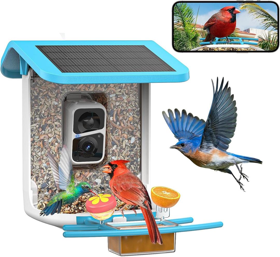 SMONET Bird Feeder with Camera B300: Smart Birdhouse Camera AI Recognition Solar Powered,Outdoor Wireless WiFi Birdfeeder Watching Live Video,Funny Birthday Gifts for Mom Mother Grandma Daughter (Blue)