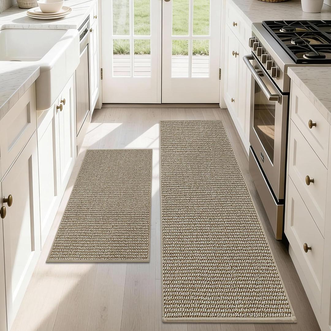 JSEI Kitchen Rugs and Mats, 2PCS Non-Slip Kitchen Mats for Floor, Machine Washable Absorbent and Stain Resistant Kitchen Runner, Carpet Mats with TPR Backing, 17''x30''+17''x48'', Beige