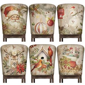 Moukeren 6 Pcs Christmas Chair Cover Set Stretch Dining Chair Back Covers Vintage Christmas Santa Claus Elk Slipcovers Farmhouse Removable Elastic Seat Protector for Xmas Party Kitchen Home Decor