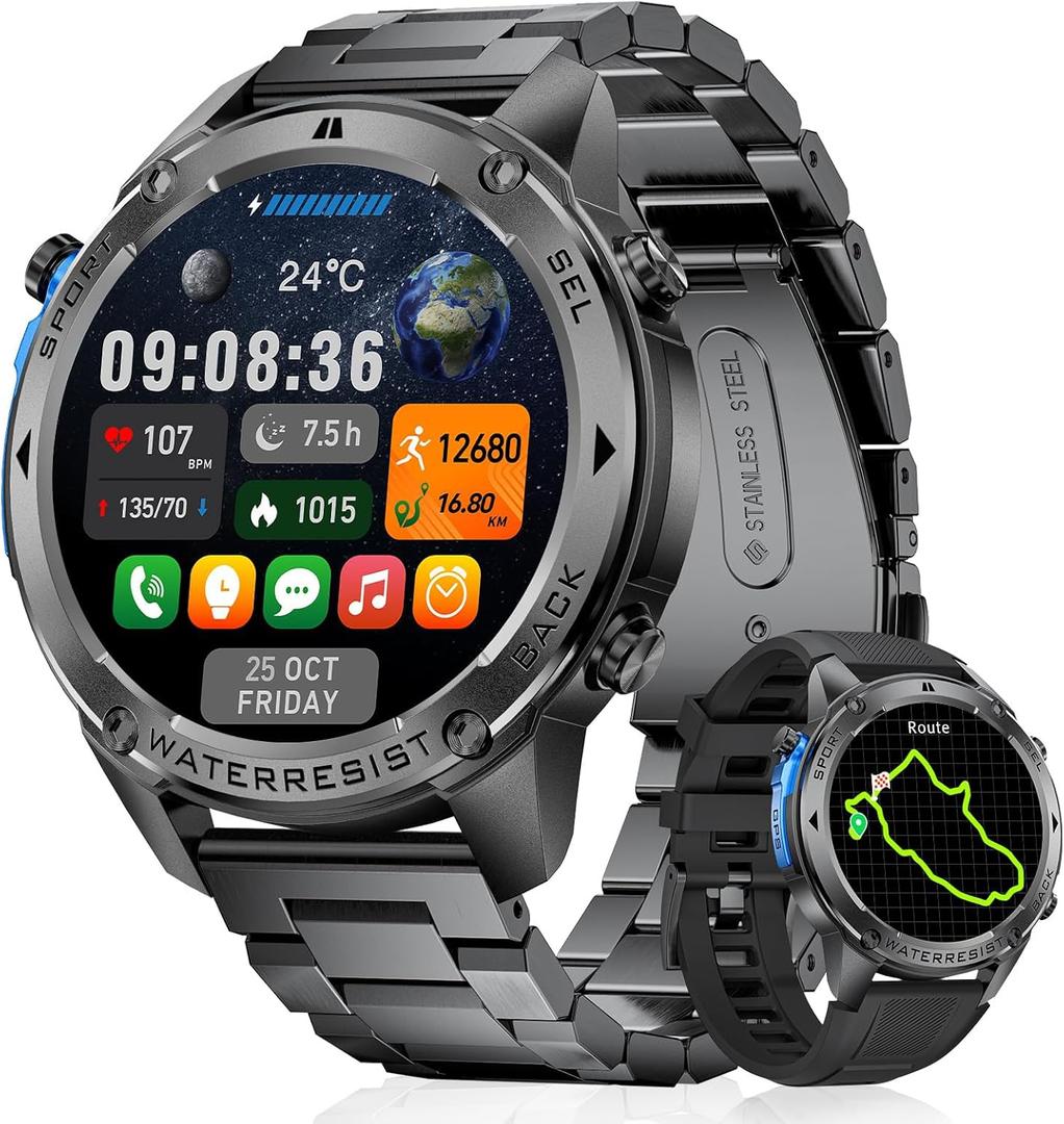 GPS Smart Watch for Men Military Rugged Smartwatches,Compass,50M Waterproof, 500mAh Large Battery,Answer/Make Call, 1.43" AMOLED Screen, Compatible for Android iOS (2 Bands) Black