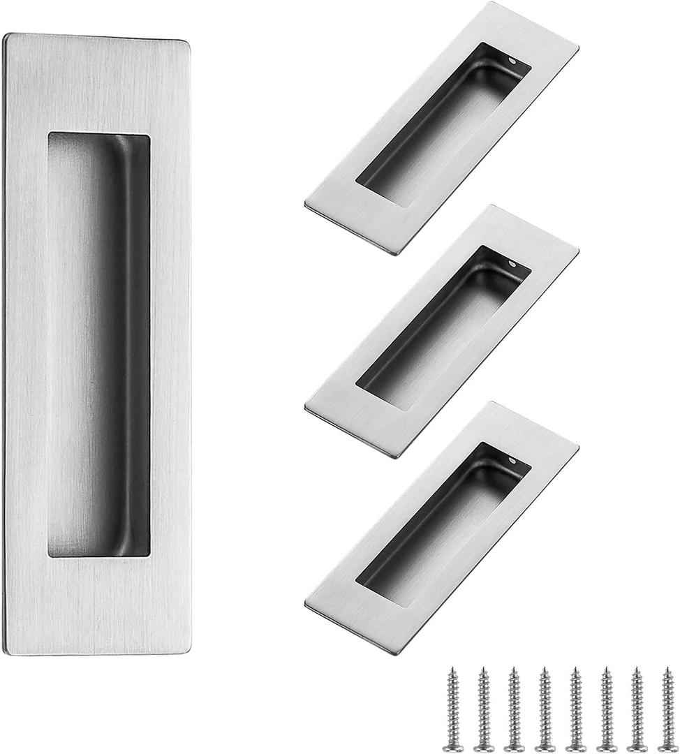 Ravinte 4 Pack Brushed Nickel Sliding Closet Door Handles Silver Flush Pulls 4.72in Length Recessed Finger Pulls for Sliding Barn Door Sqaure Cabinet Pulls Stainless Steel