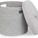 Storage Basket with Lid, Woven Blanket Storage for Living Room, Soft Cotton Rope Bin with Lid, Round Wicker Laundry Basket with Cover, Lidded Kid Dog Toy Box, Nursery Organizer, 15"x13", Gray