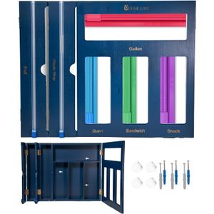 EDGE LINE Blue Storage Bag Organizer - Wrap and Foil Dispenser with Cutters, 6 in 1 Bamboo Foil and Plastic Wrap Organizer; Quart, Sandwich Bags