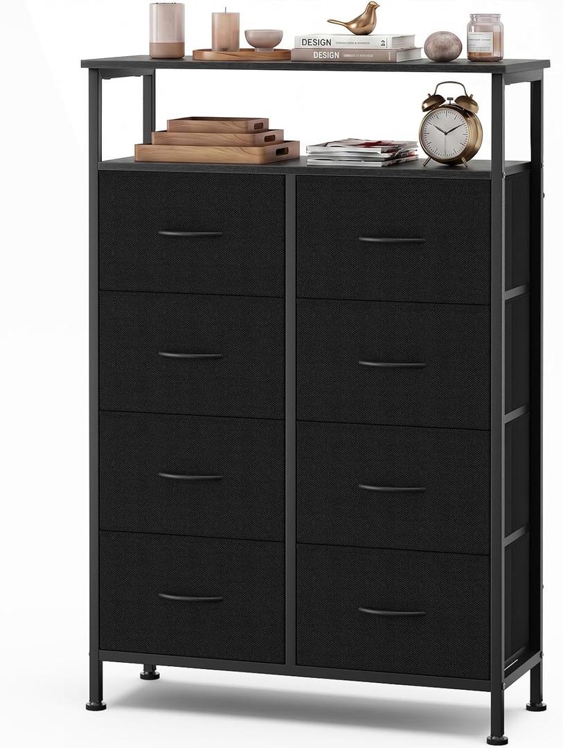OLIXIS 8 Drawers Fabric Dresser, Raised Shelf Tall Chest of Drawers, Black, 31.5"D x 45.9"W x 11.8"H