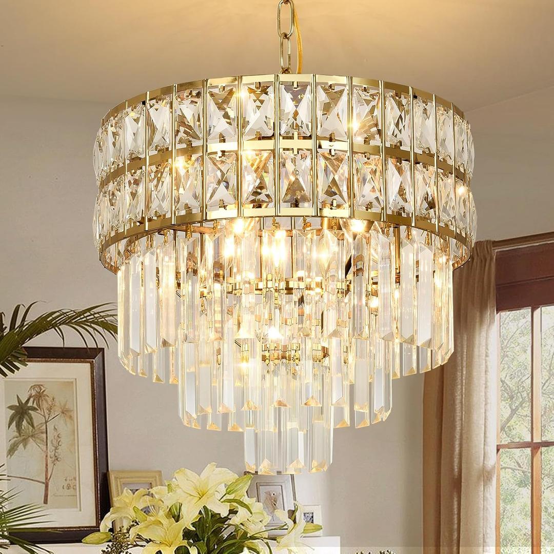 Modern Crystal Chandelier Gold Pendant, Round Crystal Light Fixture Hanging Lamp, for Dining Room, Restaurant, Hallway, Balcony, 15.7 inch, 75cm diameter, 26.8 to 42.5 height