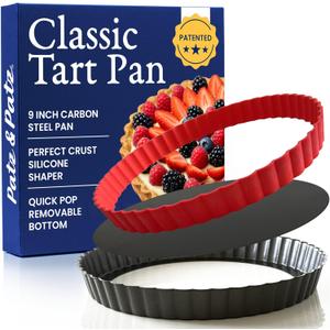 Patz&Patz Classic Tart Pan 9 Inch Removable Bottom with Patented Silicone Crust Shaper | Nonstick Carbon Steel Quiche Baking Dish, Fruit Tart Molds for Baking, Quiche Pan & Pie Mold - PFOA & PTFE-Free