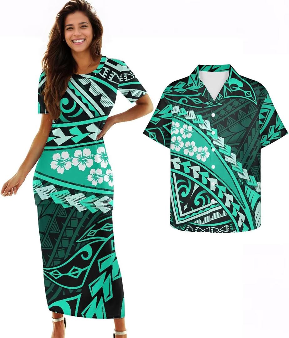 Polynesian Couples Matching Outfits Samoa Puletasi Women's Dresses and Luau Men's Shirts (Green, XL)