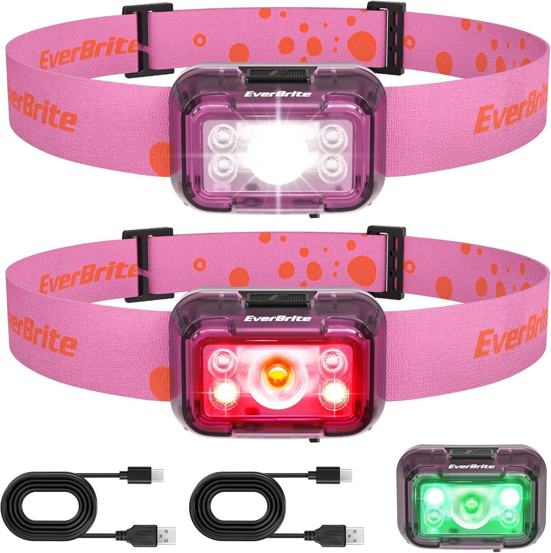 EverBrite Rechargeable Headlamp, 2 Pack Kids Headlamp with White/Red/Green Light and Memory Function, Head Lamp for Adult and Kid with 5 Modes, 120 Adjustable LED Headlamp for Camping, Running-Pink