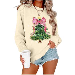 Christmas Sweatshirts for Women Bow Christmas Tree Long Sleeve Shirt Xmas Holiday Crew Neck Pullover Tops (Small, Apricot)