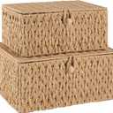 OIAHOMY Wicker Storage Basket with Lid & Lock, Lidded Storage Bins, Decorative Baskets for Organizing, Set of 2-Natural
