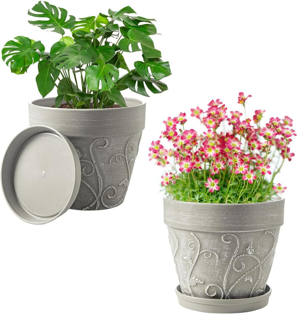 Melphoe Plant Pots Indoor with Drainage & Saucer, 2Pack 7 inch Flower Pots Outdoor Planters for Indoor Plants Garden Home Decor Cactus Succulent, Rigid Plastic (Imitation-Terracotta) Vine-Embossed (Cement Grey Color)