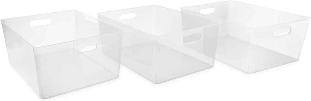 Isaac Jacobs 3-Pack XL Clear Storage Bin (13.9 x 10.6 x 5.75) Set w/Cut-Out Handles, Plastic Organizer, Multi-Use, Home, Office, Pantry, Closet, Kitchen