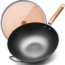 WANGYUANJI Carbon Steel Wok 14.2", Large Nitriding Flat Bottom Stir Fry Pan with Lid, No Chemical Coating Rust Resistant Iron Skillet for Induction Electric Gas Stoves, Big Capacity Serves 6+