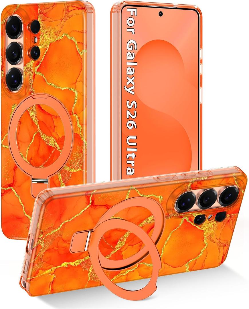 2 x Magnetic for Galaxy S26 Ultra Case with Invisible Ring Stand[Compatible with MagSafe] Full Body Slim Women Girl Shockproof Marble Pattern Design Case for Samsung Galaxy S26 Ultra,Orange/Gold
