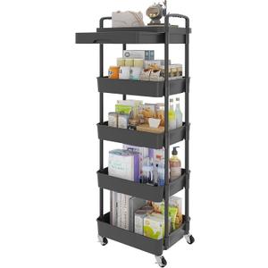 Calmootey 5-Tier Rolling Utility Cart with Drawer,Multifunctional Storage Organizer with Plastic Shelf & Metal Wheels, Storage Cart for Kitchen, Bathroom, Living Room, Office, Black