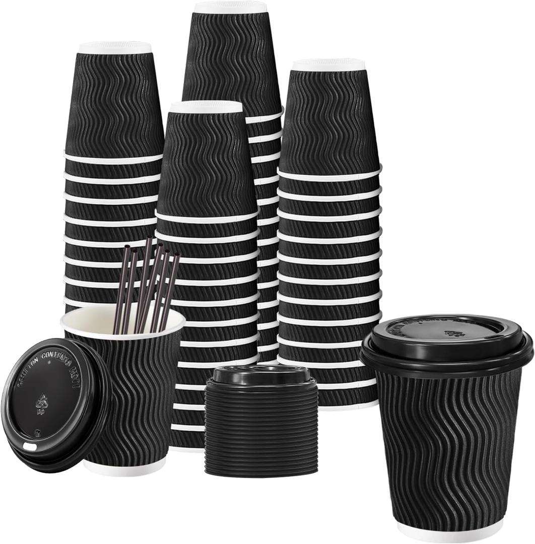 Lamosi 8 oz Disposable Coffee Cups with Lids, 50 Pack Insulated Hot Cups To Go Paper Coffee Cups with Lids and Straws, Corrugated Ripple Wall Cup for Hot Drink, Office, Coffee Bar (Black)