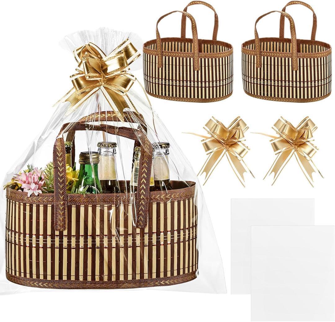 Reallnaive Baskets for Gifts Empty Sturdy Woven Bamboo Gift Basket with Gift Bags and Ribbons for Christmas Thanksgiving Birthday Mothers Day Housewarming Party Gift Wrapping, 12"x 8"x 6"(2 Set)