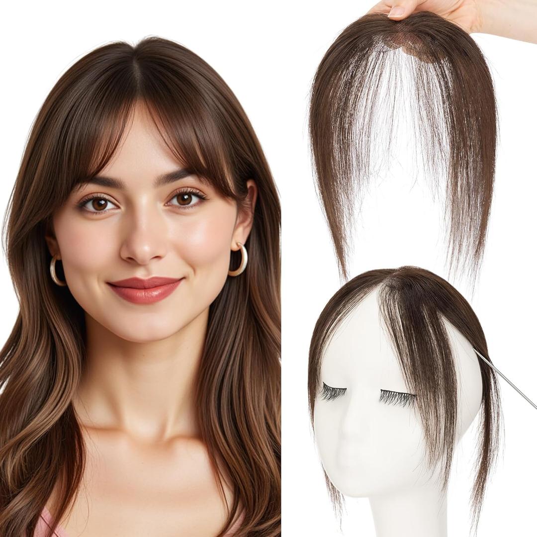 SEGO Clip in Side Bangs Real Human Hair, Hand-tied Base Invisible Edges Breathable Fluffy Clip in Hair Pieces for Women -Side #02 Mocha Brown