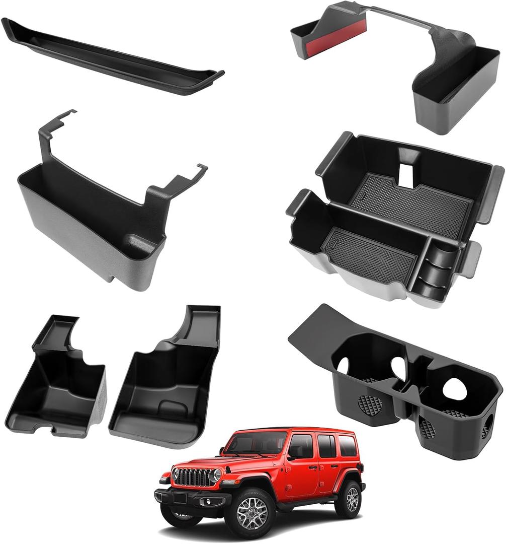Center Console Organizer for 2024-2025 Jeep Wrangler JL 4XE Console Cup Holder Organizer Trunk Storage Tray Hanging Armrest Storage Box for for Wrangler Accessories(24+ 6-Piece, Not Gladiator)
