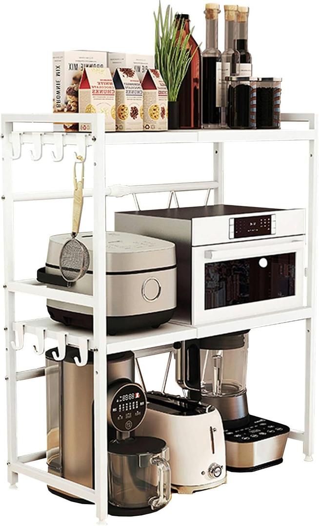 Expandable Microwave Stand Countertop, 3 Tier Heavy Duty Over Microwave Shelf Countertop with 8 Hooks,Height Adjustable Carbon Steel Microwave Oven Rack Shelf for Kitchen,Holds 132lb,White