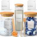 IVIZA Glass Laundry Detergent Dispenser & Storage Set  Liquid Detergent Pump, Fabric Softener Dispenser, Laundry Powder Jar & Dryer Sheet Holder  Complete Laundry Organization Set