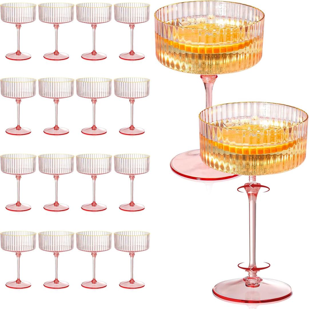 XUWAIDSGN 24 Pcs Champagne Martini Glasses 9 Oz with Gilded Removable Gold Rim Coupe Glasses Pink Martini Glasses Plastic Mimosa Vintage Coupe Glasses Set For Wedding Anniversary (24, Ribbed Pink)