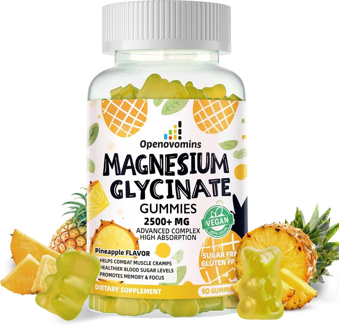 3 x Magnesium Glycinate Gummies 2500mg - Sugar Free Magnesium Potassium Supplement with Vitamin D, B6, CoQ10 for Calm Mood & Sleep Support - 90 Pineapple Gummies