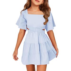 Batermoon Girls Summer Dress Square Neck Short Sleeve Crossover Waist Casual A-line Mini Dress (9-10 Years, Blue)