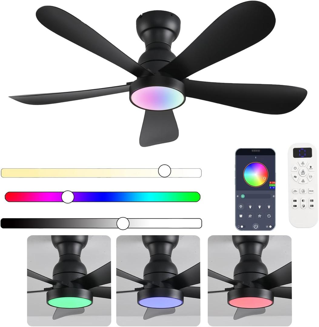 42 Inch Black Ceiling Fans with Lights and Remote/App Control, Flush Mount Ceiling Fan With RGB Dimmable Light, Noiseless Modern Small Ceiling Fan For Bedroom Indoor/Outdoor