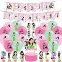 Mulan Princess Birthday Party Decorations, Pink & Green Cartoon Theme Party Supplies Set with Banner, Cake Topper, Cupcake Toppers & Balloons for Fans Birthday Party Favors