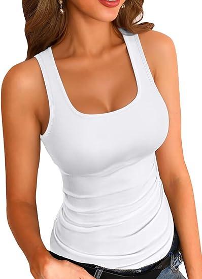 Womens Summer Tank Tops Square Neck Sleeveless Low Cut Sexy Shirts Ribbed Tanks Slim Fitted Casual Basic Tee Shirt, L